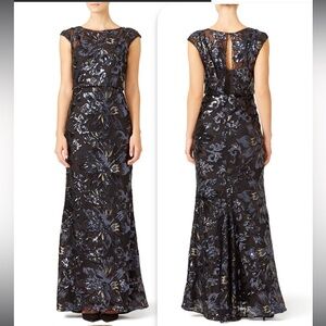 BADGLEY MISCHKA Midnight Swirl Navy Sequin Gown NWT